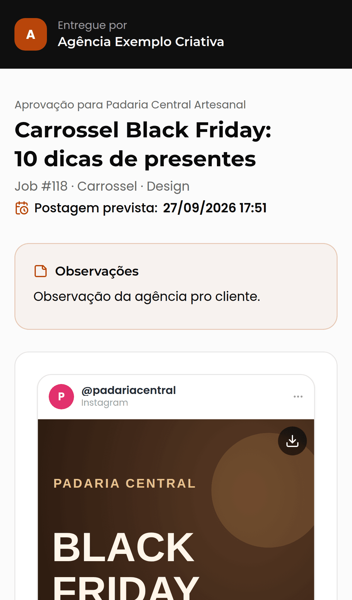 Tela de aprovação que o cliente abre no celular, com o post e os botões de aprovar ou pedir ajuste