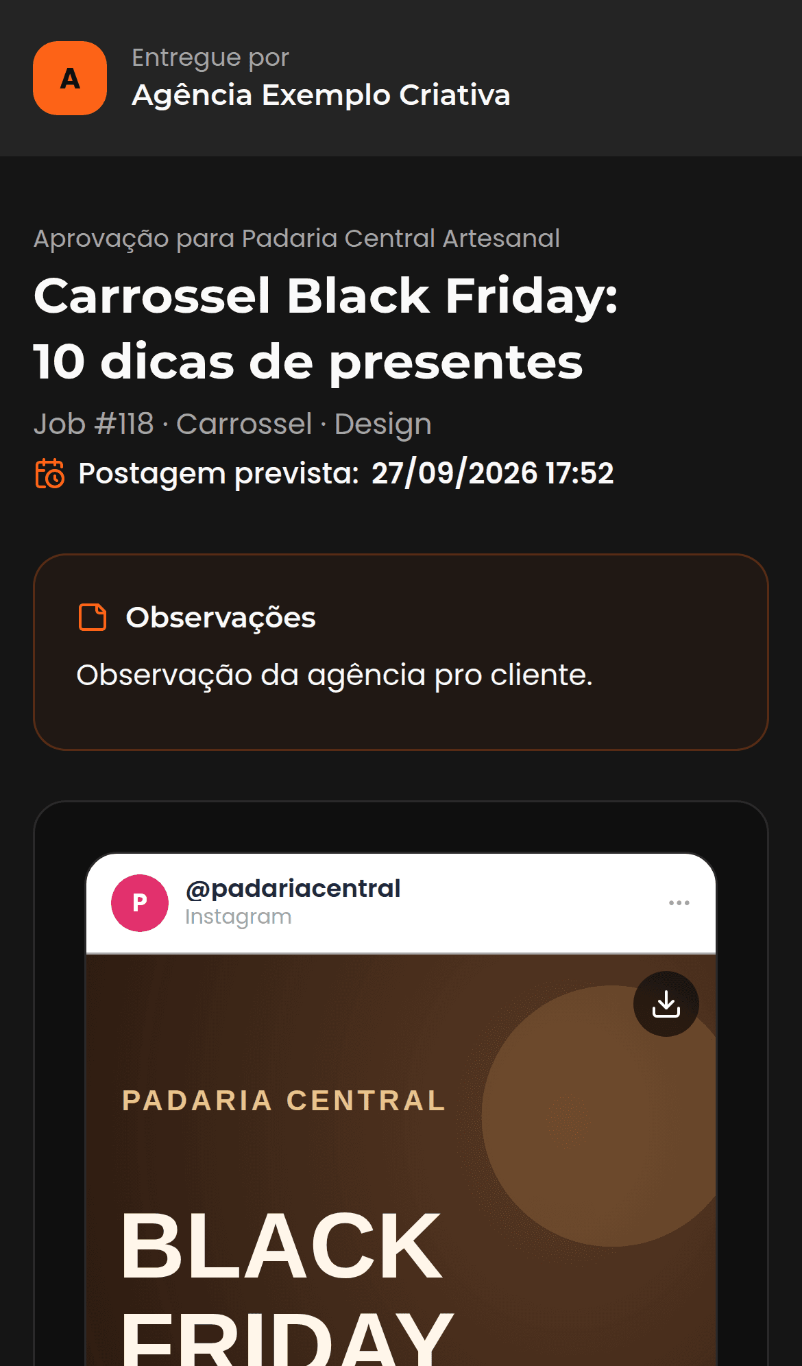 Tela de aprovação que o cliente abre no celular, com o post e os botões de aprovar ou pedir ajuste